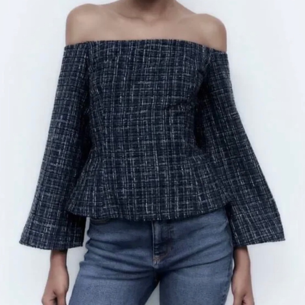 NWOT Zara Off the Shoulders Tweed Bloggers Favorite Top Bell Sleeve Peplum Sz M